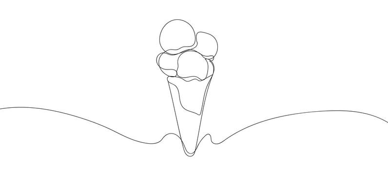 Ice cream continuous line drawing. One line Ice cream in waffle cone. Symbol dessert gelato in simple linear style. Hand drawn minimalist style illustration vector