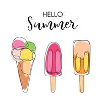 Hello summer colorful Ice cream card. Dessert gelato in simple style. Ice cream summer banner. Hand drawn minimalist style illustration vector