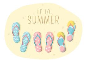 Hello summer card. Colorful flip flops on sand. Slippers summer beach background. Summer design for poster, banner, badge, label, print, card, travel. vector