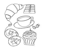 Continuous line drawing with croissant, coffee cup, cupcake, chocolate, cookies with empty space for text. Breakfast outline illustration. Sweet food, dessert line art vector