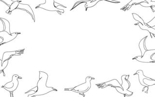 One line seagull hand drawn banner. Outline seagull flying. Hand drawn minimalist style illustration. Beautiful sea life design with place for text for invitation, sale, card, poster and etc. vector