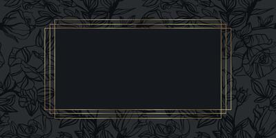 Horizontal Template for banner invitation, card, poster with black rose flowers and gold frame. Black rose background. Luxury Pattern black rose on grey background. vector