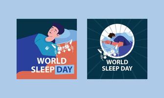 A set of illustrations with a sleeping woman in different poses and her pet. Relaxing in the bedroom. vector