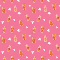 Seamless pattern with bottles of sunscreen on a pink background. vector