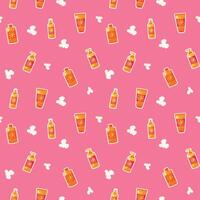 Seamless pattern with bottles of sunscreen on a pink background. vector