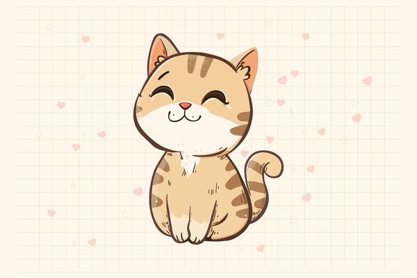 Cartoon cat set in sitting and smiling pose. Cat behavior, body language and facial expressions.