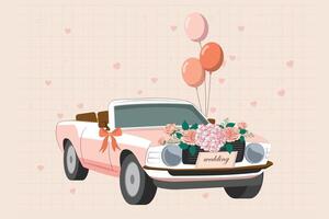 Just married retro wedding car and colorful balloons. vector