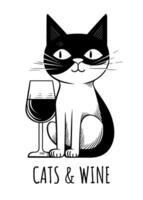 Cat drinking wine cats and wine concept black and white minimalist illustration for cat moms lady and wine lovers printable apparel design vector