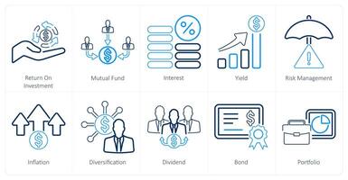 A set of 10 investment icons as return on investment, mutual fund, interest vector