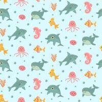 Nautical seamless pattern with cute sea animals. Marine print for fabric and nursery. vector