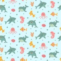 Nautical seamless pattern with cute sea animals. Marine print for fabric and nursery. vector