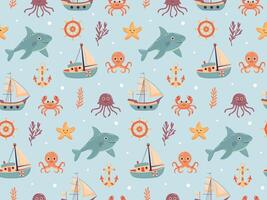 Nautical seamless pattern with cute sea animals and sailing ships. Marine print for fabric and nursery. vector