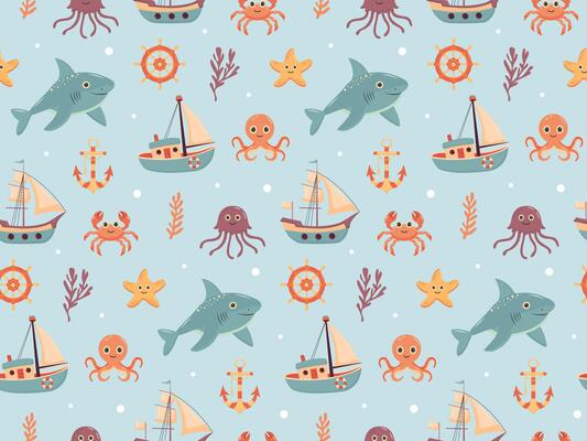 Nautical seamless pattern with cute sea animals and sailing ships. Marine print for fabric and nursery.