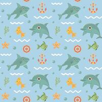 Nautical seamless pattern with cute sea animals. Marine print for fabric and nursery. vector