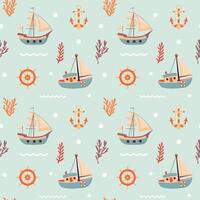 Nautical seamless pattern with cute sailing ships, anchor, ship's rudder and seaweed. Marine print for fabric and nursery. vector