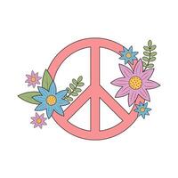 Groovy hippie peace sign with flowers. Boho floral symbol. Retro 60s, 70s. vector