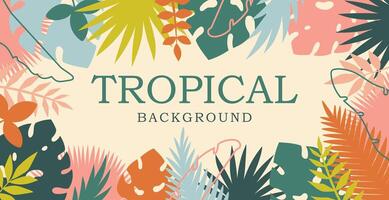 Tropical leaves background. Summer Sale banner design with flower and leaf. Monstera, banana tree, palm leaves, exotic foliage. illustration vector