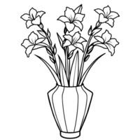 Gladiolus flower on the vase outline illustration coloring book page design, Gladiolus flower on the vase black and white line art drawing coloring book pages for children and adults vector