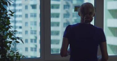 House cleaning. A woman washes windows in an apartment with a special mop and sponge on a sunny day video