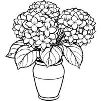 hortensia flor en el florero contorno ilustración colorante libro página diseño, hortensia flor en el florero negro y blanco línea Arte dibujo colorante libro paginas para niños y adultos vector