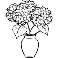 hortensia flor en el florero contorno ilustración colorante libro página diseño, hortensia flor en el florero negro y blanco línea Arte dibujo colorante libro paginas para niños y adultos vector