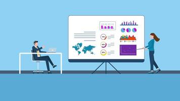 une présentation par une affaires femme concentré sur un infographie tableau de bord cette Caractéristiques croissance analyse, graphiques, statistiques, et données. 2d animation video