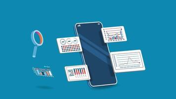 Analysis of business trends using graphs and a radial pie chart representation on a smartphone screen video