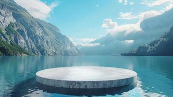 A large round or podium show case white object sits on a body of water photo