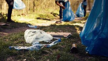 volontär- använder sig av tång verktyg till samla skräp och plast avfall från de skog, lagring skräp i en sopor väska och rena de naturlig miljö. aktivist gripa tag i skräp. stänga upp. kamera b. video