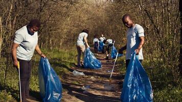 grupp av olika aktivister plockning upp de skräp och plast avfall, samlar och återvinning skräp i de skogen. människor håller på med frivillig arbete till rena de naturlig livsmiljö. kamera b. video