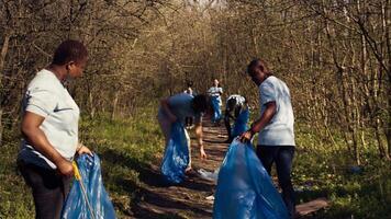 diverso attivisti pulizia su sciocchezze nel un' spazzatura disposizione Borsa, ambientale conservazione concetto. volontari proteggere il foresta ecosistema, raccolta sciocchezze con artiglio attrezzo. telecamera b. video