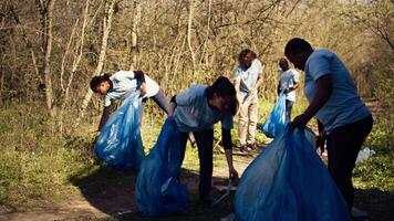 diverso grupo de activistas reunión a limpiar arriba un bosque área, utilizando camada limpiar herramientas me gusta basura pantalones y un largo garra a agarrar el basura. personas cosecha basura y reciclaje. cámara b. video