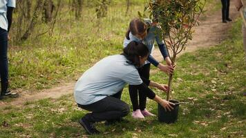 Climate activists planting new trees in a woodland ecosystem, digging holes and putting seedlings in the ground. Volunteers working on preserving nature and protecting the environment. Camera A. video