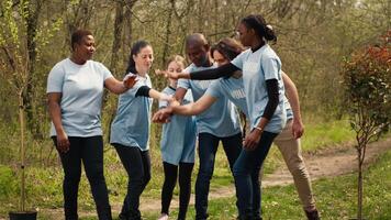 Cheerful proud team of activists join forces to clean a forest, celebrating their volunteering work by connecting hands together. Happy people showing responsibility for the environment. Camera A. video