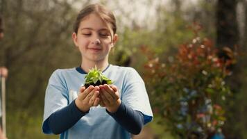 Little kid volunteer holding a small seedling with natural soil in hands, presenting plant for new habitat in the forest. Child fighting nature preservation, environmental care awareness. Camera A. video