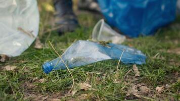 grupo de voluntarios limpieza el bosque desde camada y el plastico desperdiciar, agarrando basura y basura con un largo garra herramienta. ambiental activistas cosecha arriba basura. cerca arriba. cámara una. video