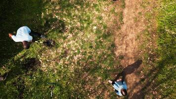 Aerial view of volunteers participate in nurturing the ecosystem, planting trees, raising sprouts and tidy up surroundings. Eco friendly activists maintaining the natural forest habitat. Camera A. video