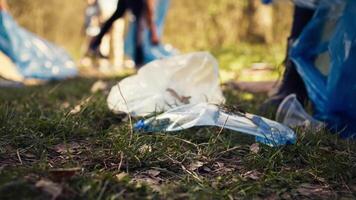 grupo de voluntarios limpieza el bosque desde camada y el plastico desperdiciar, agarrando basura y basura con un largo garra herramienta. ambiental activistas cosecha arriba basura. cerca arriba. cámara b. video