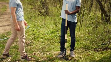 equipe do clima mudança ativistas plantio verde árvores e sementes dentro uma floresta ambiente, unindo para conservar ecossistema. voluntários instalando plantas dentro a chão, nutrir vegetação. Câmera uma. video