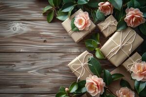 A wooden table with a bunch of brown boxes and flowers on it photo