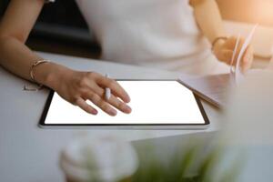 User experience concept. Creative Web Designer sketching application and developing template layout on laptop, framework for digital devices. photo