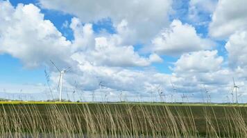 View from the side window of a moving car of a large wind farm on meadows. video