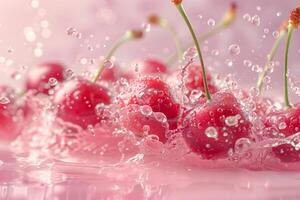 un rojo Cereza es rodeado por agua gotas, creando un hermosa foto