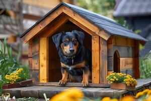 A dog is sitting in a wooden dog house photo