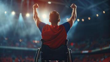 un hombre en un silla de ruedas es en pie en un pista y levantamiento su brazos en el aire foto