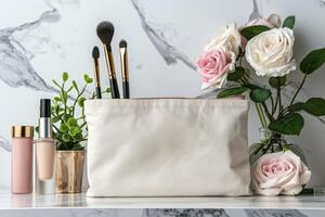 A makeup bag with a pink purse sits on a table with a variety of makeup products photo