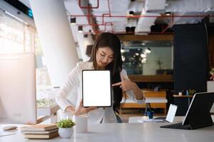 Blogger or Vlogger checking the content before uploading on website. Freelance and modern people concept. photo