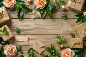 A wooden table with a bunch of brown boxes and flowers on it photo