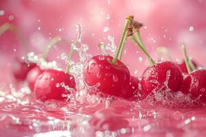 A red cherry is surrounded by water droplets, creating a beautiful photo