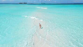 Woman in swimsuit running on sandbank with turquoise ocean. Aerial view with girl on her vacation in tropics video